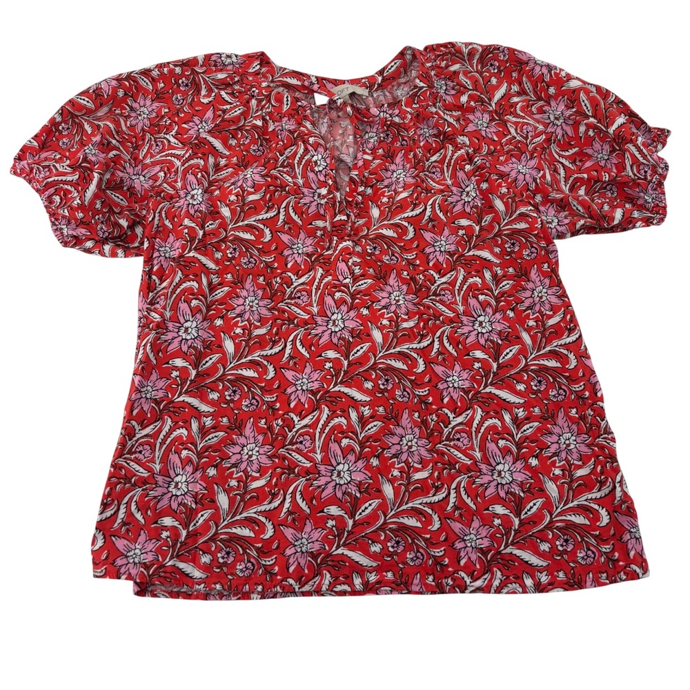LOFT Womens XS Red Floral Split Neck Puff Sleeve Cotton Rayon Blouse Top